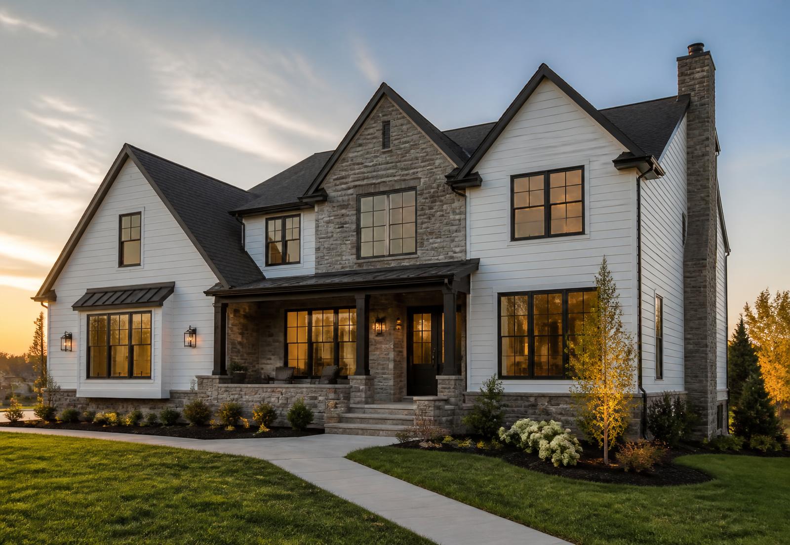 Newly installed white James Hardie fiber cement siding with stone veneer on a suburban Pennsylvania home at golden hour
